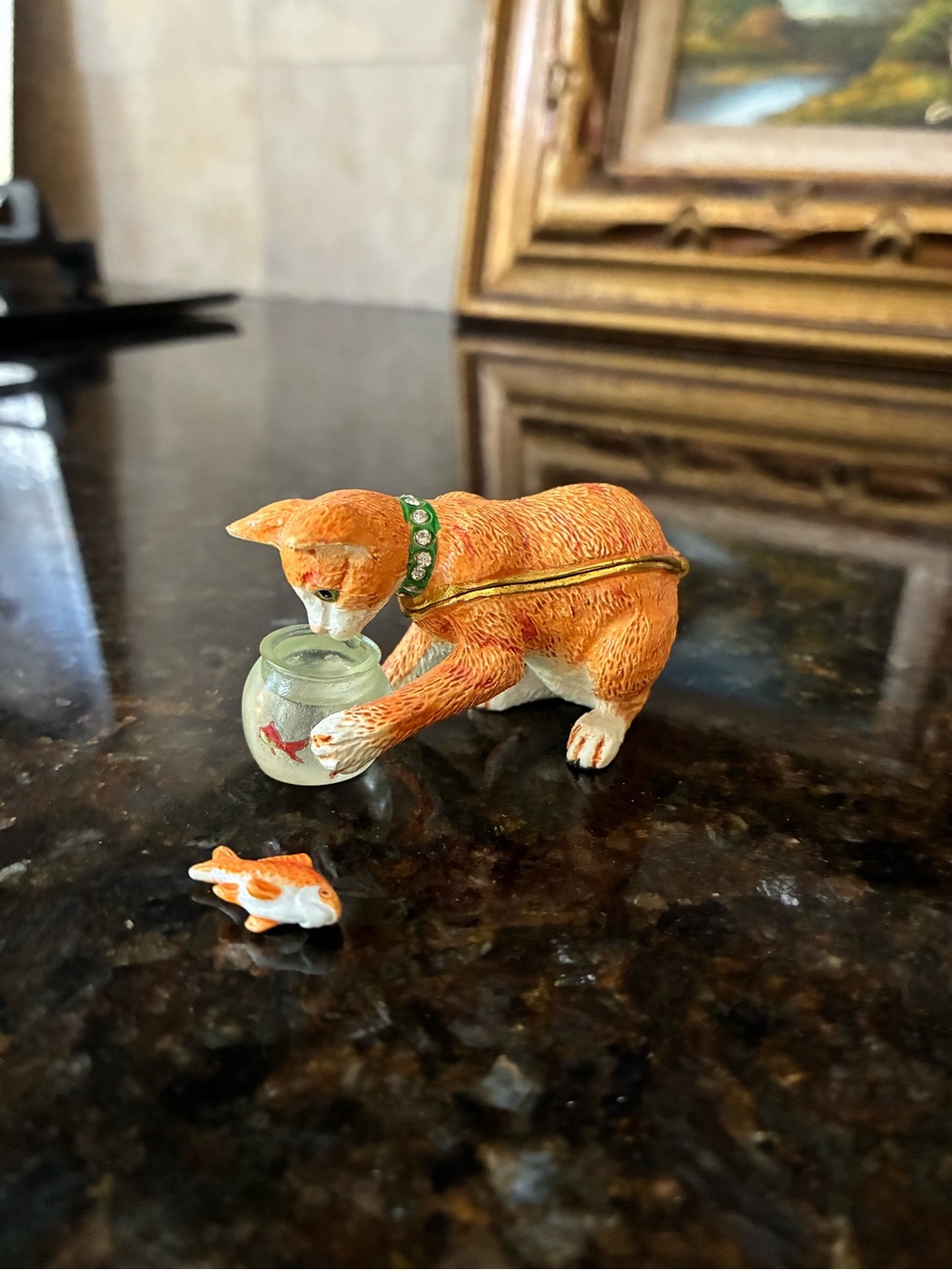 Trinket - Orange Cat Figurine with Green Fishbowl and Gold Collar